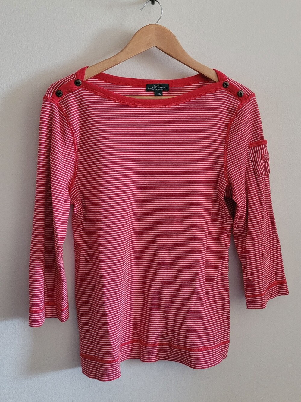 LRL Cotton Wide Neck Striped 3/4 Sleeve Top, Women's XL, Red & White